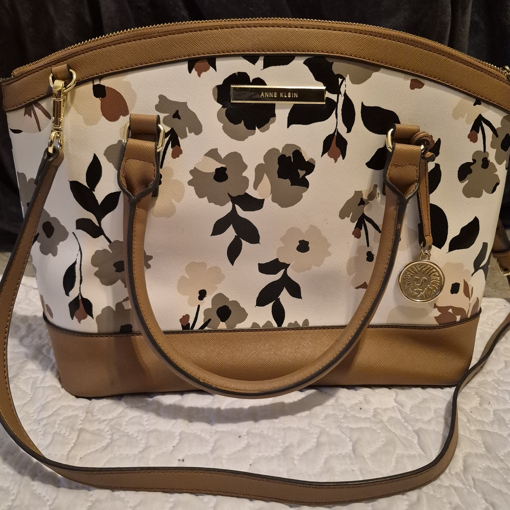 Anne Klein Tan and Black Floral Shoulder Bag